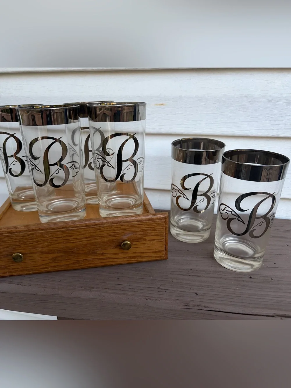 Vintage Monogram B Highball Glasses Set of 6 Silver Rim Barware